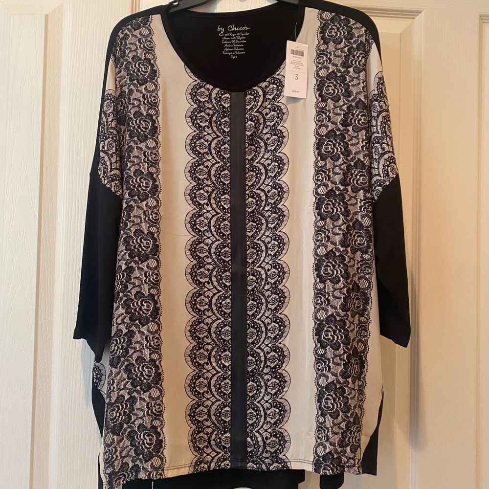 Chico’s Black 3/4 sleeve top with lace detail
